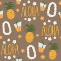 Cute summer seamless vector pattern background illustration with hawaiian flowers necklace, pineapples, cocktail and aloha hand dr