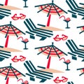 Summer seamless vector pattern. Vintage colors, view of the Riviera beach. Sun loungers, umbrellas, glasses, cocktail