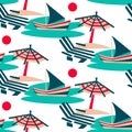 Summer seamless vector pattern. Vintage colors, view of the Riviera beach. Sun loungers, umbrellas, beach, sunset sea