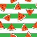 Summer seamless vector pattern with watermelon slices on white and green background