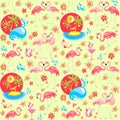 Summer seamless wallpaper with pink flamingo birds, Plumeria flowers, hearts, ocean waves, palm trees with hammock, wineglass with