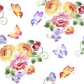 Summer Seamless Watercolor Pattern with bouquet flowers on a White Background. Peonies, roses, butterflies. Vector illustration Royalty Free Stock Photo