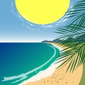 Summer seascape with big bright sun, sea and sand beach. Tourists bathing in the sun and swiming on the beach. Resort Royalty Free Stock Photo