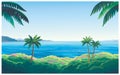 Summer seascape with palm trees, jungle and sea in the distance.