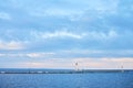 Summer seascape with pier and lighthouse at sunset, copy space. Black sea Royalty Free Stock Photo