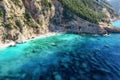 Summer seascape Turquoise sea water, sandy beach and rocks from top view, Island of sardinia in Italy. Travel background Royalty Free Stock Photo