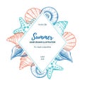 Summer seashell label. Hand drawn vector illustration. Marine pr