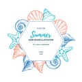 Summer seashell label. Hand drawn vector illustration. Marine pr