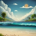 Summer seaside scene with waves, clouds, and sunny skies