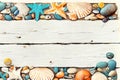 Summer season background with white painted empty wooden board, framed with starfish, pebbles, mollusc, shell Royalty Free Stock Photo