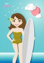 Summer season cartoon character woman, Paper art style Cute lady character creation vector