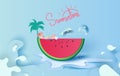 Summer season concept Slice of watermelon on blue water splash.Hello Summer.Women are sunbathing. Dolphins are jumping from the