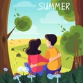 Summer season. Couple sitting and hugging. View on field Royalty Free Stock Photo