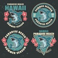 Summer season, hawaii paradise beach set of vector emblems, labels, badges or logos in colored style with shark on dark