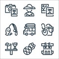 summer season line icons. linear set. quality vector line set such as backpack, pineapple, drink, spade, car, fishing, photo,