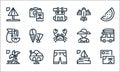 Summer season line icons. linear set. quality vector line set such as postcard, pants, island, sailing, ice cream, lemon tea,