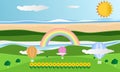 Summer season with rainbows on blue sky and clouds background. Sea beach and mountain Landscape nature green view flowers balloons