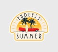 Summer season sticker or badge or label design template with surfing car on the beach with sunset on background with endless Royalty Free Stock Photo