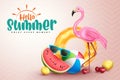 Summer season vector design. Hello summer typography text with flamingo, fruits and floater elements for fun and enjoy holiday.