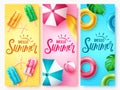 Summer season vector poster collection. Hello summer greeting text with tropical season elements of popsicles and floaters.