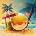 Summer season wallpaper with beach, coconut water, sport, sunshade, sand, sun, waves, coconut, coconut trees, generative ai Royalty Free Stock Photo