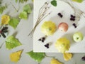 Summer seasonal composition of fruits, vegetables, flowers on a white plate Royalty Free Stock Photo