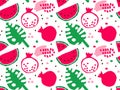 Summer seasonal fruits seamless pattern. Watermelon, pomegranate, tropical leaf hand drawn. Organic food vector