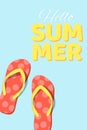 Summer seasonal poster. Beach flip flops on a blue background. Cartoon flat style. Bathing season. Vector illustration Royalty Free Stock Photo