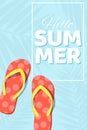 Summer seasonal poster. Beach flip flops on a blue background with a pattern of palm leaves. Cartoon flat style. Bathing season. V Royalty Free Stock Photo