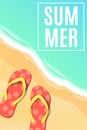 Summer seasonal poster. Beach flip flops. Sea shore. Cartoon flat style. Bathing season. Vector illustration Royalty Free Stock Photo