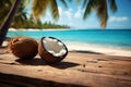 Summer serenity Tropical beach setting with wooden table and coconut Royalty Free Stock Photo