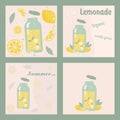 Set of four posters with lemonade pot, lemons, mint and ice with titles