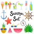 Summer set. Watermelon, cocktails, pineapple, starfish, glasses, ice cream, palm leaves, anchor, compass, steering wheel, bottle Royalty Free Stock Photo