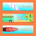 Summer set of banners vector illustration. Surfing on water waves. Surf camp. Enjoy your summer. Beach with palms and