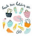 Summer set with beach accessories isolated on the white background.