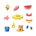 Summer set of beach accessories, toys and food Royalty Free Stock Photo