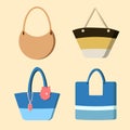 Summer set beach hand bags with leather and rope handles in flat style isolated on yellow background. Minimal flat vector