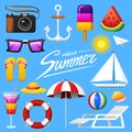 Summer set - camera and anchor, ice cream and watermelon, sunglasses and milkshake, life ring and deckchair, yacht sail