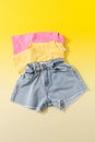 Summer set of clothes for girls and women. Denim shorts with colored T-shirts. Look for a summer vacation.