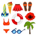 Summer set with colorful icons isolated on white background. Cartoon style. Design for posters, card, banner, flyer. Flat vector.