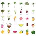 Summer set elements ice cream, drinks, palms, fruits, flowers. Collection icons for cards, poster, sticker. Vector