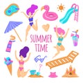 Summer set of hand drawn elements of a girl,schizlong, fun, umbrella, flamingo.Perfect for web, postcard, poster, cover, tag, Royalty Free Stock Photo