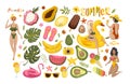 Summer set with hand drawn travel elements. Ice cream, watermelon, leaves, pomegranate, sandals, avocado, banana