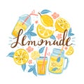 Summer set with lemon, lemon slice, mint, flower, jar with lemonade and lettering.