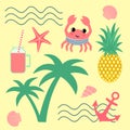 Summer set with palm, pineapple, crab