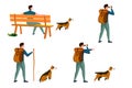 Vector summer travel activities set - man with dog