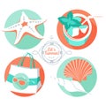 Summer set: starfish, shells, beach bag, sunglasses, tropical co Royalty Free Stock Photo