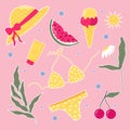 Summer set of stickers : watermelon, hat, swimsuit, cherry, sunscreen, chamomile, palm branch, sun and sweet ice cream. Bright