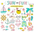 Summer Set Of Sun And Fun Hand Drawn Elements.