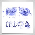 Summer Set with sunglasses, helm, anchor, ship, lifeline. Royalty Free Stock Photo